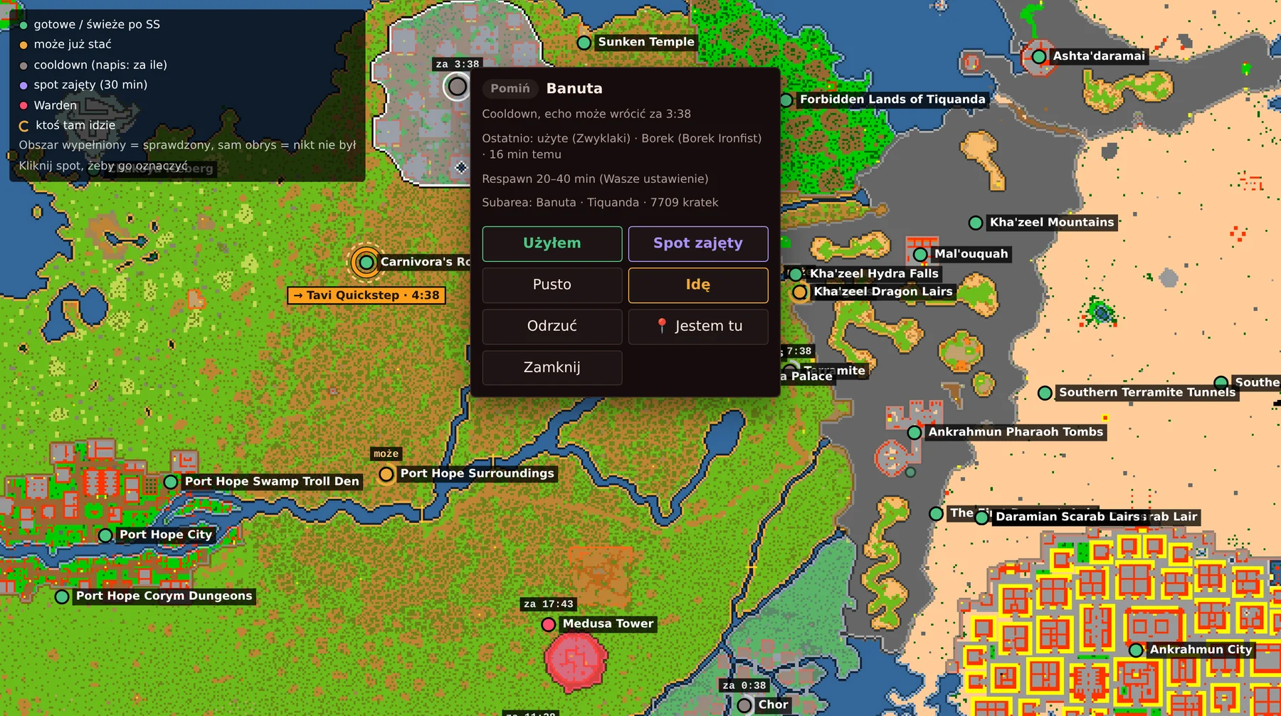 Duża mapa Tibii z granicami obszarów, statusami spotów i menu zgłoszenia